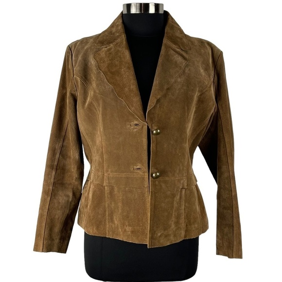VINTAGE SUEDE LEATHER BROWN TWO BUTTON SCALLOP BLAZER JACKET COLDWATER CREEK - Picture 6 of 13